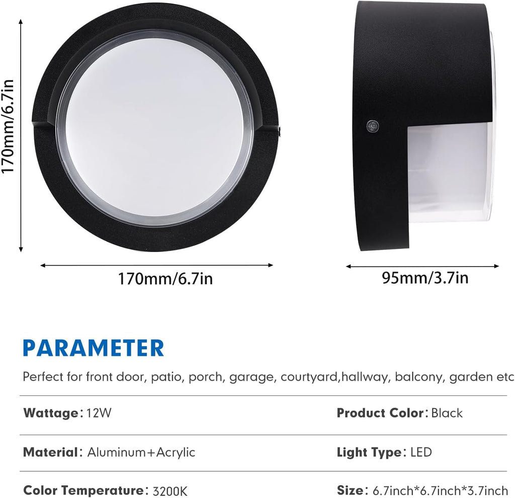 Aiwewin Round Outdoor Sconce Lights, Low Profile Outdoor Porch Lighting, Modern Light Fixtures, 12W 3200K for Patio, Deck(6.7 Inch)