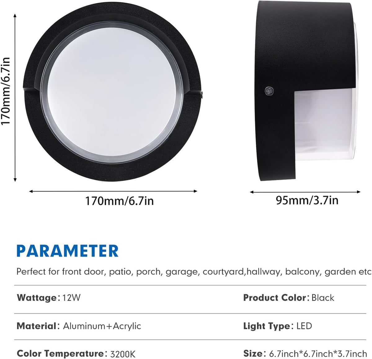 Aiwewin Round Outdoor Sconce Lights, Low Profile Outdoor Porch Lighting, Modern Light Fixtures, 12W 3200K for Patio, Deck(6.7 Inch)