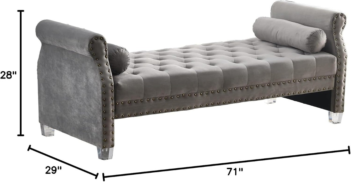 LMZ Mathias 71-inch Rolled Arm Velvet Button Tufted Upholstered Bench for Bedroom End of Bed Chaise Lounge Fabric Long Ottoman Couch Window and Living Room Footrest Stool (Grey)