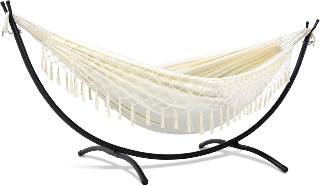 SUNCREAT Portable Outdoor Hammock with Stand Included, Double Hammock with Tassel for Outside, Beige