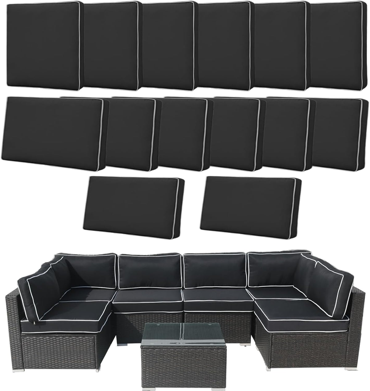 14 Pcs Patio Cushion Covers Replacement Outdoor Couch Cushions Covers Splashproof Sofa Slipcovers Set with Zippers,Patio Furniture Protector, Couch 3 Sizes, Covers Only (Black+White)