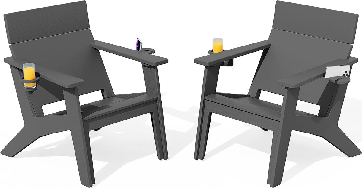 SERWALL Modern Adirondack Chairs Set of 2, Cup‑Holder, Solid Backrest, Grey