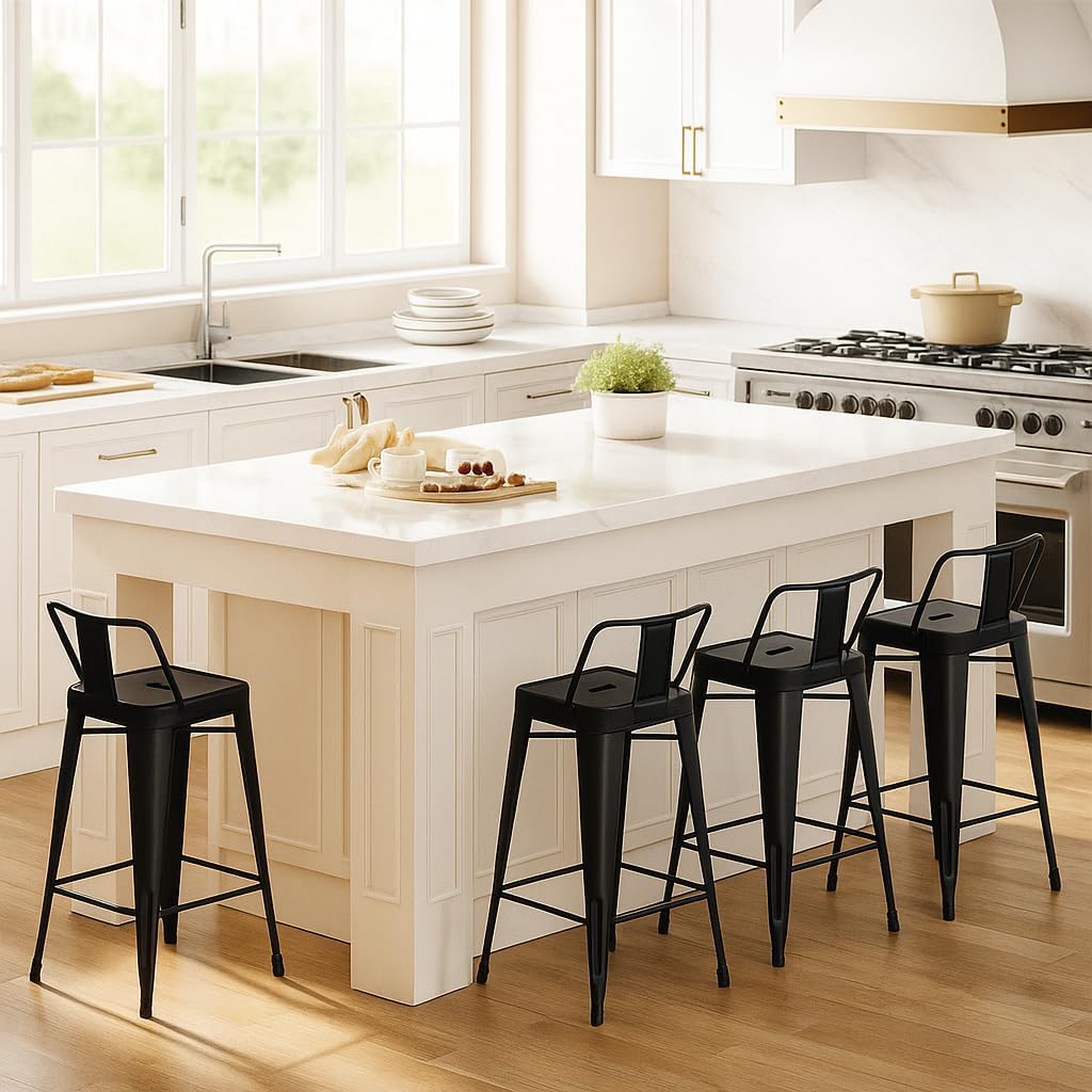 WENTMENT Metal Bar Stools Set of 4 Counter Height Black Barstools with Removable Back 24" Kitchen Bar Stools