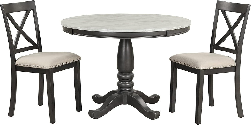 LUMISOL Round Dining Table Set for 4, Farmhouse Kitchen Table Set with Faux Marble Table Top & 4 Upholstered Chairs for Kitchen, Dining Room, Small Space, Muddy Gray