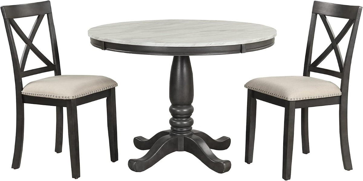 LUMISOL Round Dining Table Set for 4, Farmhouse Kitchen Table Set with Faux Marble Table Top & 4 Upholstered Chairs for Kitchen, Dining Room, Small Space, Muddy Gray
