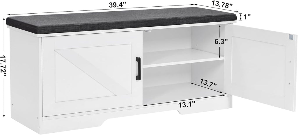 HOMSHO Farmhouse Shoe Storage Bench with 2 Barn Doors & Padded Seat Cushion