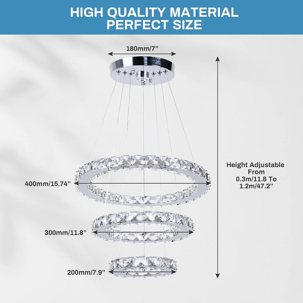 3-Ring Crystal Pendant Light, Adjustable LED, Cool White