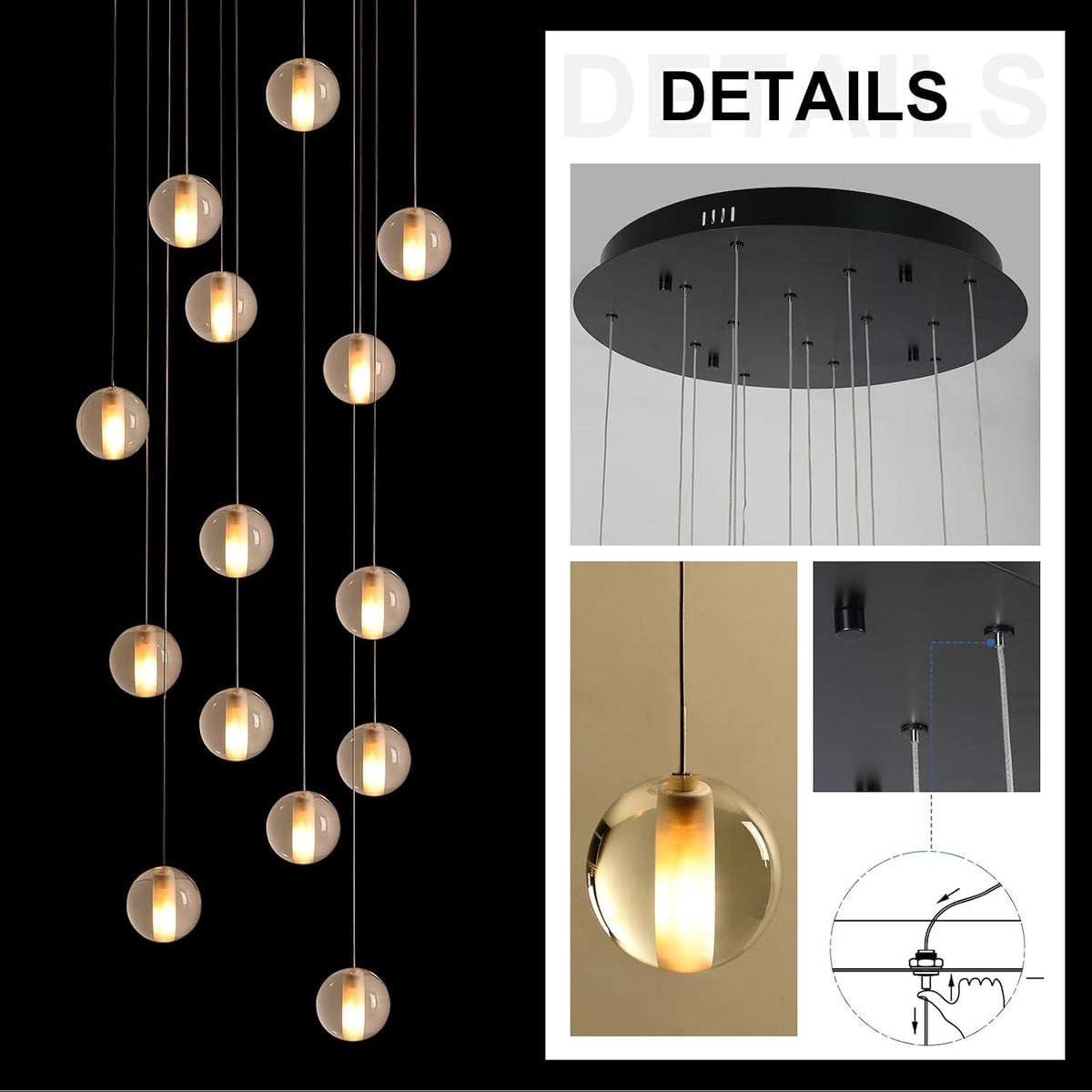 14 Lights Staircase Chandelier for High Ceiling, Dimmable Modern Crystal Raindrop Large Long Hanging Pendant Light for Stairwell Living Room Stair Foyer, Bulbs Included (Black Canopy)