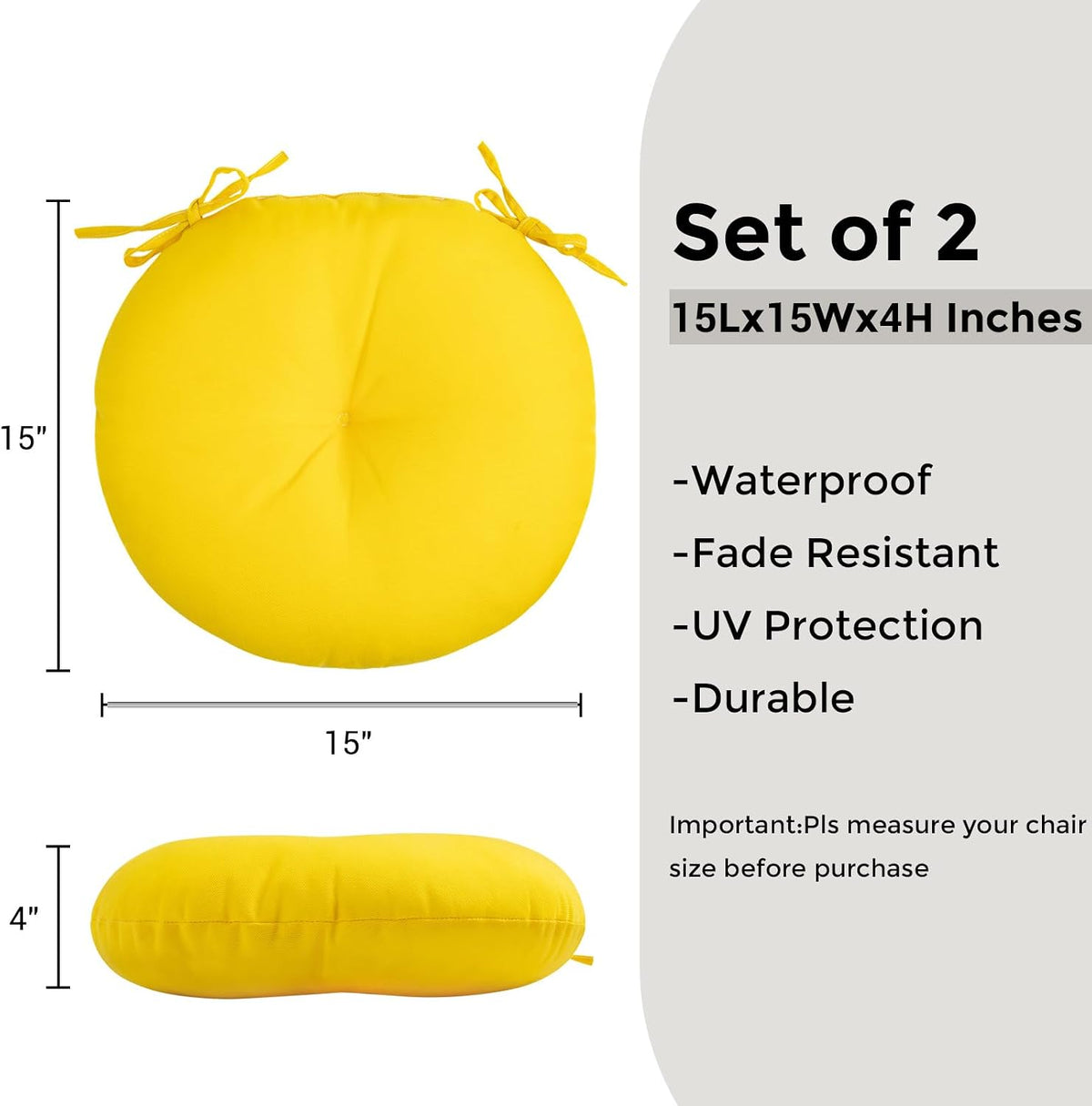 FUNHOME Bistro Chair Cushions 15 inch,Set of 2,Tufted Round Chair Cushions with Ties,15"x15"x4",Water Resistant Round Seat Cushion for Barstool Chairs,Patio Garden Kitchen Outdoor Furniture(Yellow)