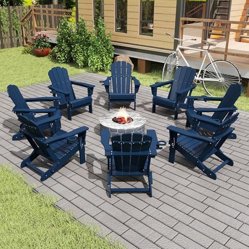 Domi Folding Adirondack Chair Set of 8, HDPE All-Weather Adirondack Chairs with Cup Holder, Outdoor Plastic Fire Pit Chairs Wood Texture for Poolside, Patio, Backyard, Deck (Blue)