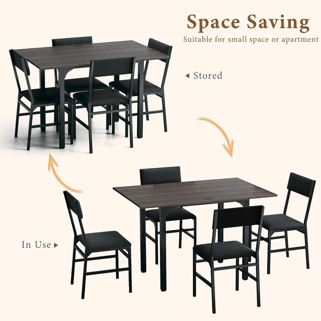 HUAHUU 5-Piece Dining Table Set for 4, Extendable Kitchen Table Set with 4 Upholstered Cushion Chairs, Rectangle Table with Metal Frame & MDF Board, Folding Space-Saving for Small Apartment, Gray