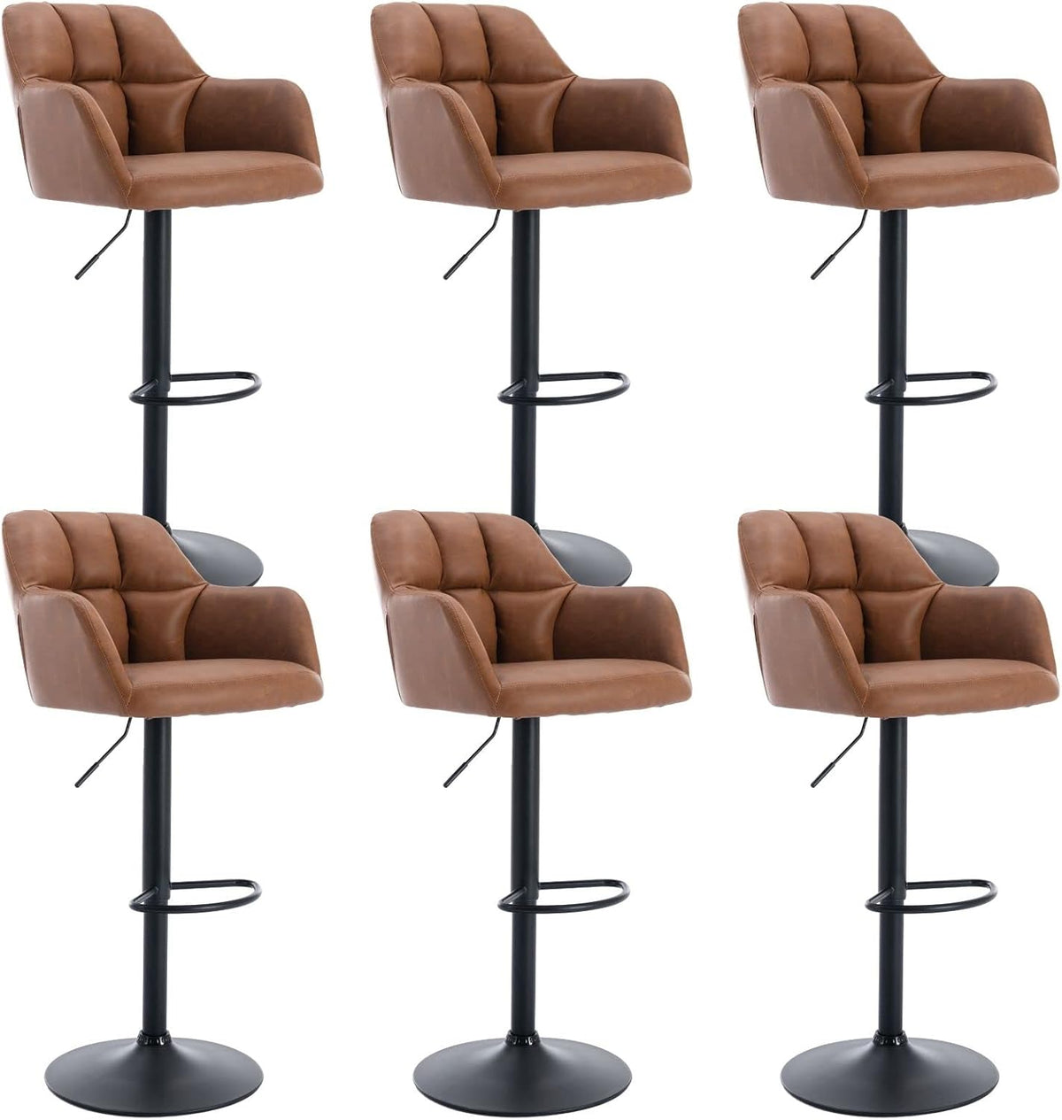 ROCITY Swivel Bar Stools Set of 6 Leather Kitchen Counter Stool Chair Upholstered Island Chairs Adjustable Barstool with Back, Brown Bar Stools