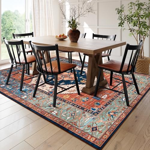 Lahome Area Rugs 9x12 Living Room - Boho Non-Slip Washable Rug Ultra-Thin Stain Resistant Large Carpet Throw Non Shedding Dining Room Mat, Oriental Print Carpet for Bedroom Adelyn (Rust, 9'x12')