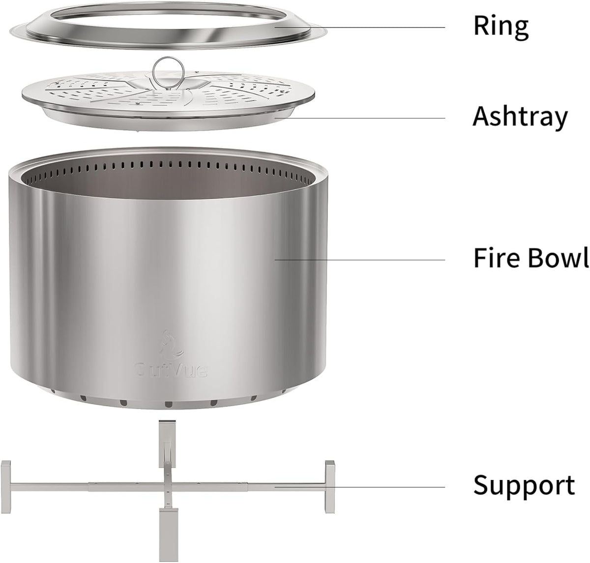 outvue 27 inch stainless steel smokeless fire pit showing dimensions