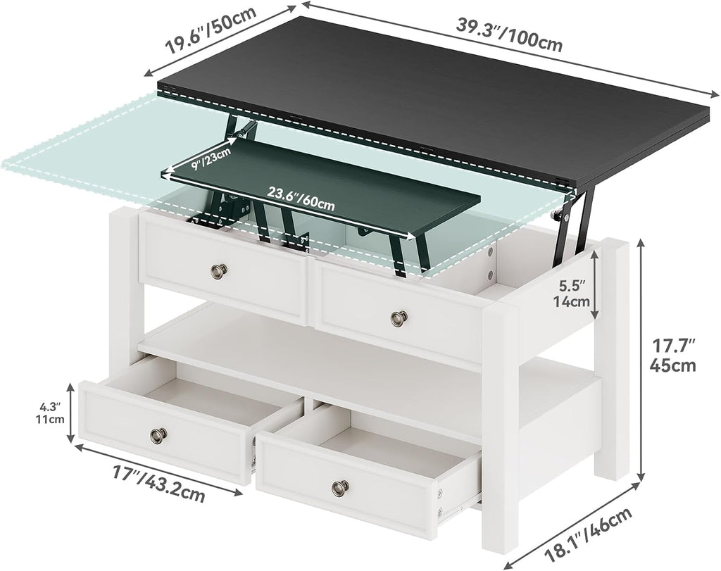 YITAHOME 4-in-1 Lift Top Convertible Coffee Table with Drawers, Black Top