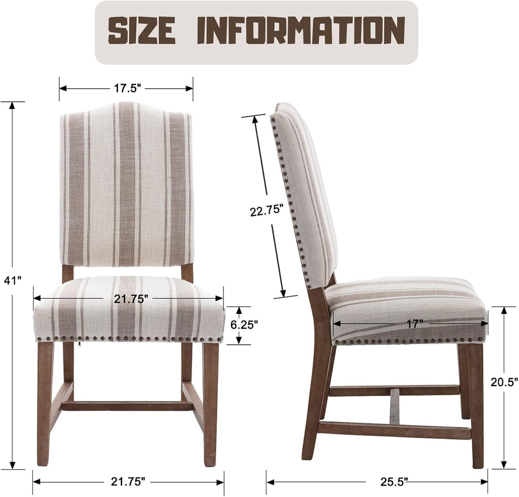 ROCITY Linen Dining Chairs Set of 6 Upholstered Farmhouse Dining Room Chairs Kitchen Side Chairs with Wooden Legs&Nailhead Trim, Beige with Stripe