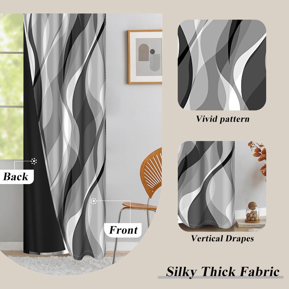 Modern Abstract Grey Striped Blackout Curtains Black and Grey Ombre Window Curtains Thermal Insulated Room Darkening Window Drapes for Bedroom Living Room Kitchen Decor,53x72 inch,2 Panels