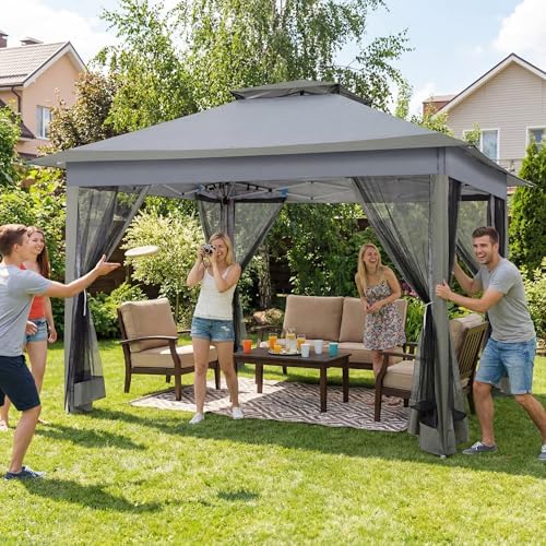 COBIZI 12x12 Pop Up Gazebos On Clearance - Portable Gazebo with Mosquito Nettings- Upgrade Easy Up Outdoor Canopy Waterproof, 4 Ropes 8 Stakes and Carry Bag for Patio Garden(Dark Gray)