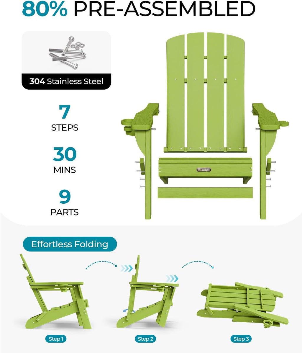 Folding Adirondack Chairs Set of 4, HDPE, 2 Cup Holders, Lime