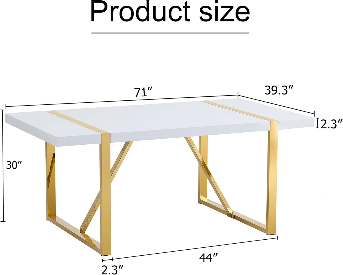Ebullient 71“ White Dining Table, Modern Dining Room Table for 6-8, Kitchen Table with MDF Top and Gold Stainless Steels Legs, Rectangular Dining Table for Home Living Room