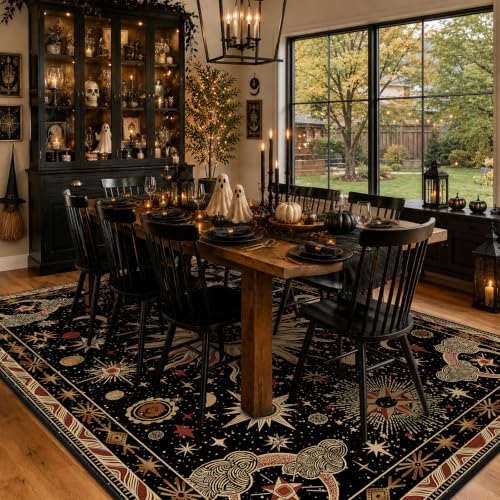Vacuum-Friendly, 8x10 Washable Area Rug, Black Gold Beige Red