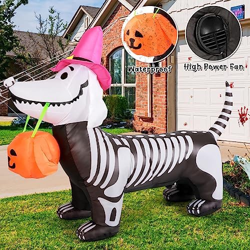 GOOSH 5.5 FT Halloween Inflatables Outdoor Decorations Skeleton Puppy Inflatable Yard Decoration with Build-in LEDs Blow Up Pumpkin for Halloween Party Indoor Outdoor Yard Garden