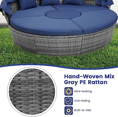 HAPPYGRILL Outdoor Daybed with Canopy, Wicker Rattan Sectional Sofa with Coffee Table, Cushions, Patio Conversation Set for Lawn Garden Backyard Poolside