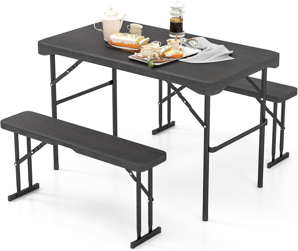 Tangkula Picnic Table with 2 Benches, 3 Piece Folding Picnic Table Set with HDPE Tabletop, Sturdy Metal Frame, 4 Person Plastic Folding Table for Indoor Outdoor Use (Black)