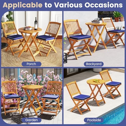 GIANTEX Patio Bistro Set 3 Pieces, Outdoor Acacia Wood Folding Table & Chairs Set with 2 Padded Cushions, Patio Conversation Furniture Set for Backyard, Garden, Balcony, Poolside (Natural & Navy)