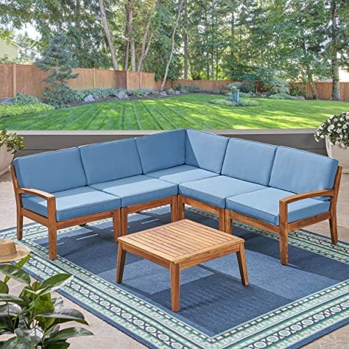 Great Deal Furniture Noble House Grenada Outdoor Acacia Wood 5 Seater Sectional Sofa Set Teak/Blue