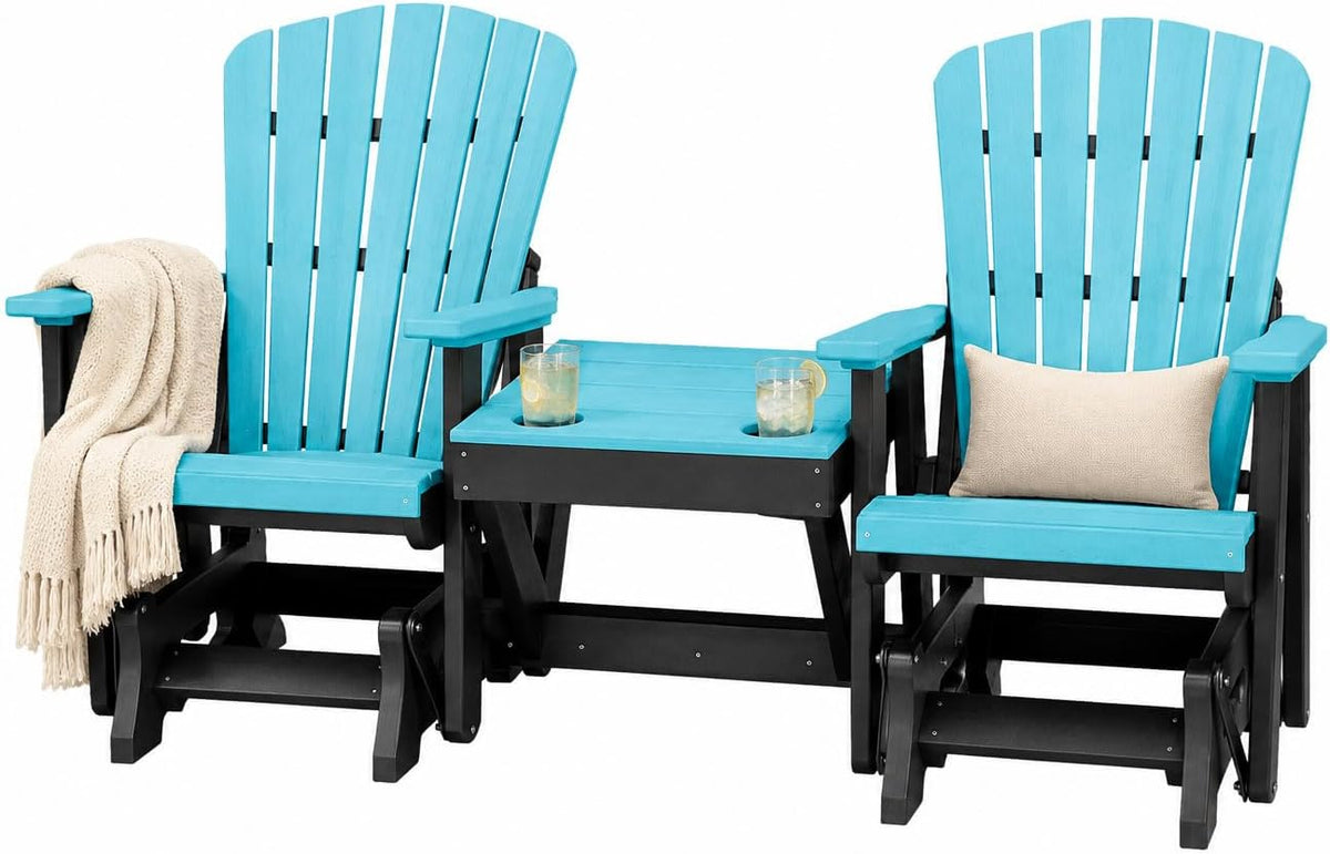 DutchCrafters Slat Fan Back Double Poly Adirondack Glider Outdoor Patio Chairs with Center Table (Black & Aruba Blue)
