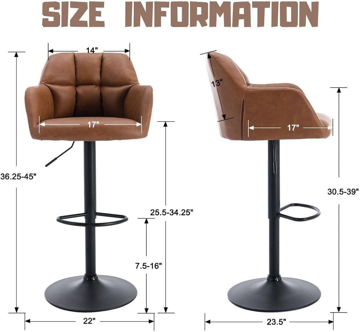 ROCITY Swivel Bar Stools Set of 6 Leather Kitchen Counter Stool Chair Upholstered Island Chairs Adjustable Barstool with Back, Brown Bar Stools