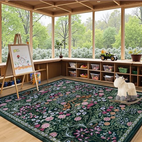 PLHXFR Area Rug Living Room: 5x7 Floral Washable Boho Carpet Dark Green