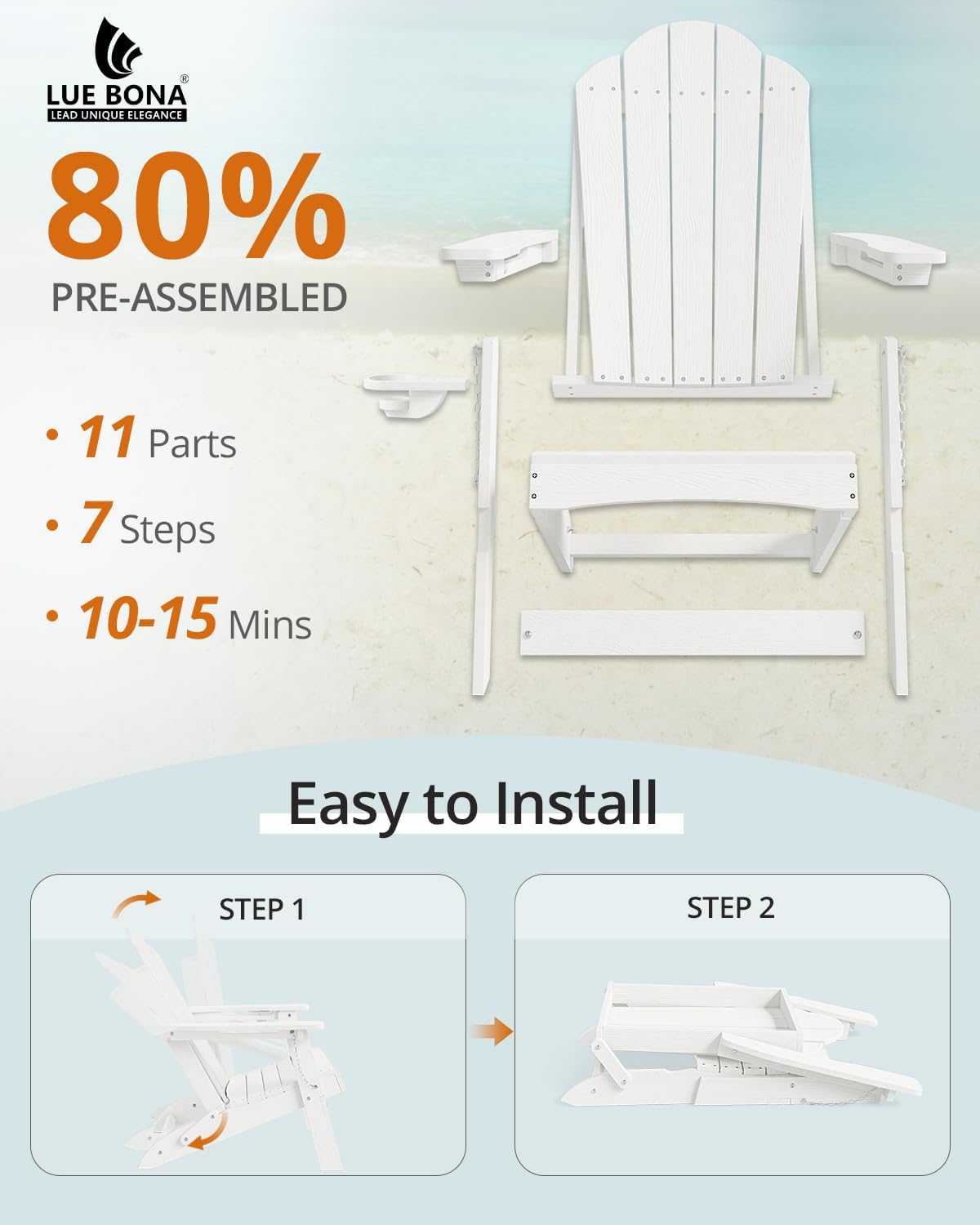 LUE BONA HDPE Folding Adirondack Chair, Cup Holder, Set of 2, White