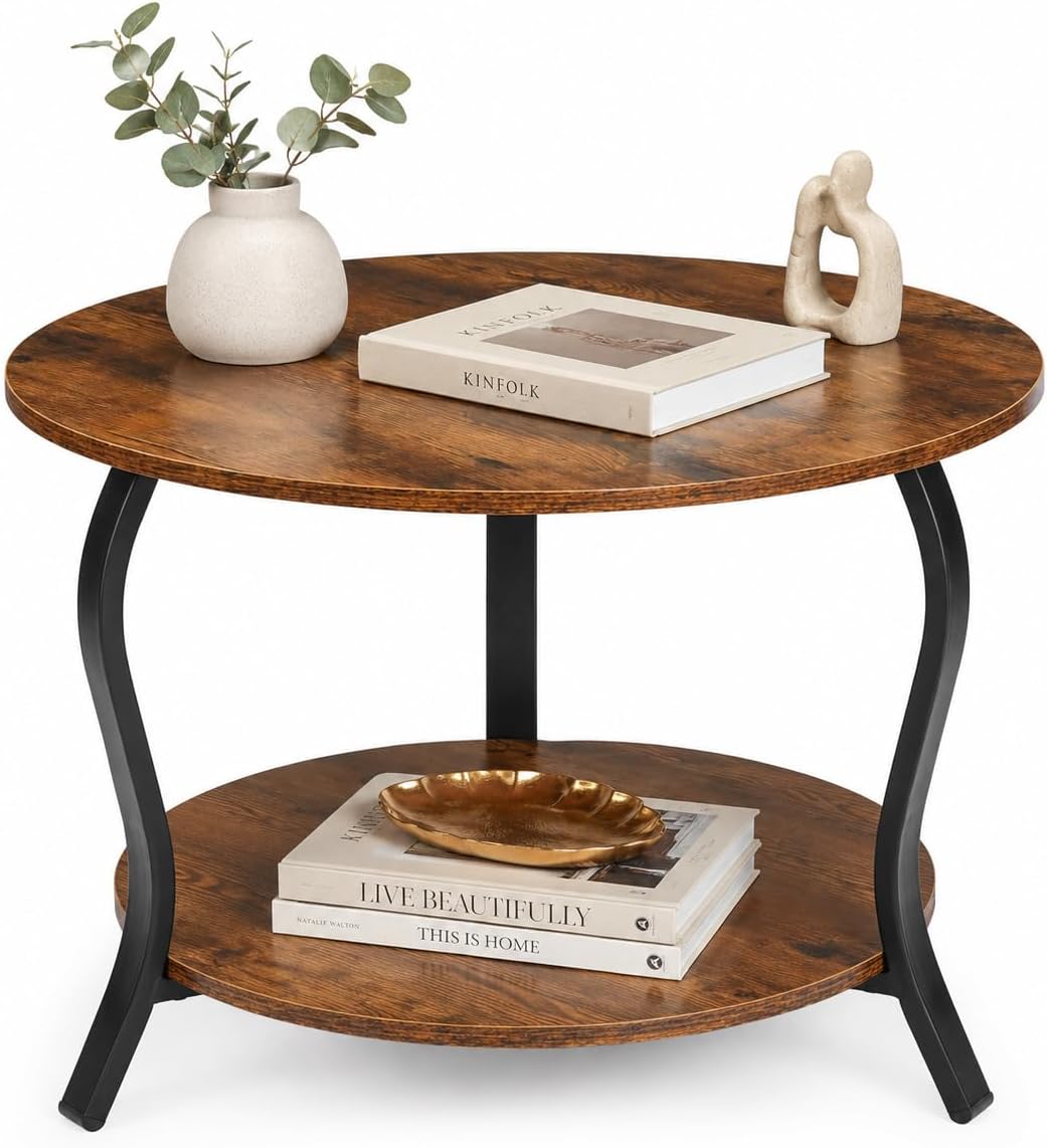 YEAKOO Small Round Coffee Table with Open Storage,23" 2-Tier Coffee Side Tables for Small Space, Accent Center Table Circle Sofa End Table with Wooden Table Top for Living Room Bedroom (Rustic Brown)