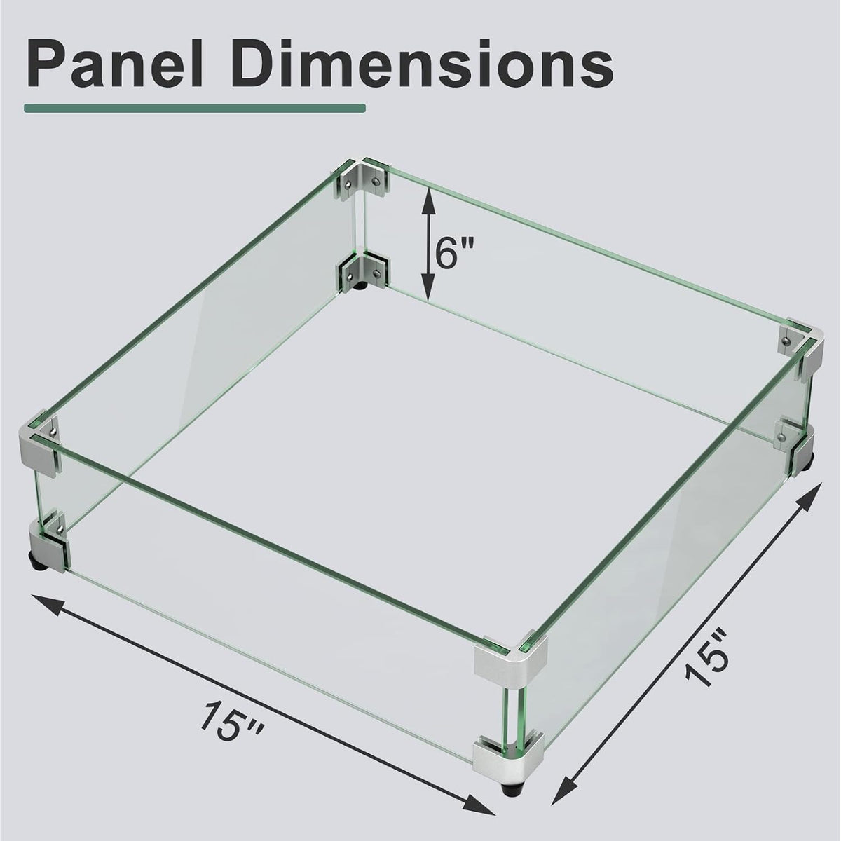 GASPRO 15" x 15" x 6" Fire Pit Glass Wind Guard, Tempered Glass Firepit Table Shield, Thick and Sturdy, with Hard Aluminum Corner Bracket & Rubber Feet, Easy to Assemble