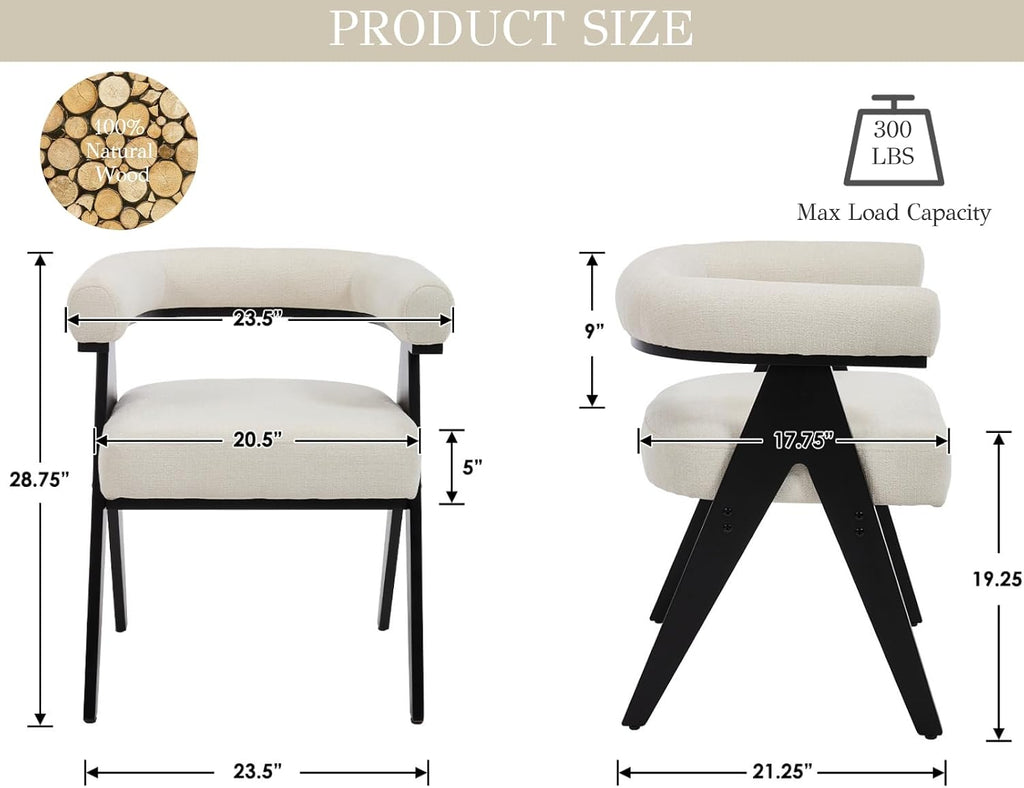 CIMOTA Barrel Wooden Dining Chairs with Arms Set of 4, Modern Fabric Upholstered Kitchen Chairs with Black Wood Legs Contemporary Armchairs Accent Side Chairs for Dining Living Room, Cream White