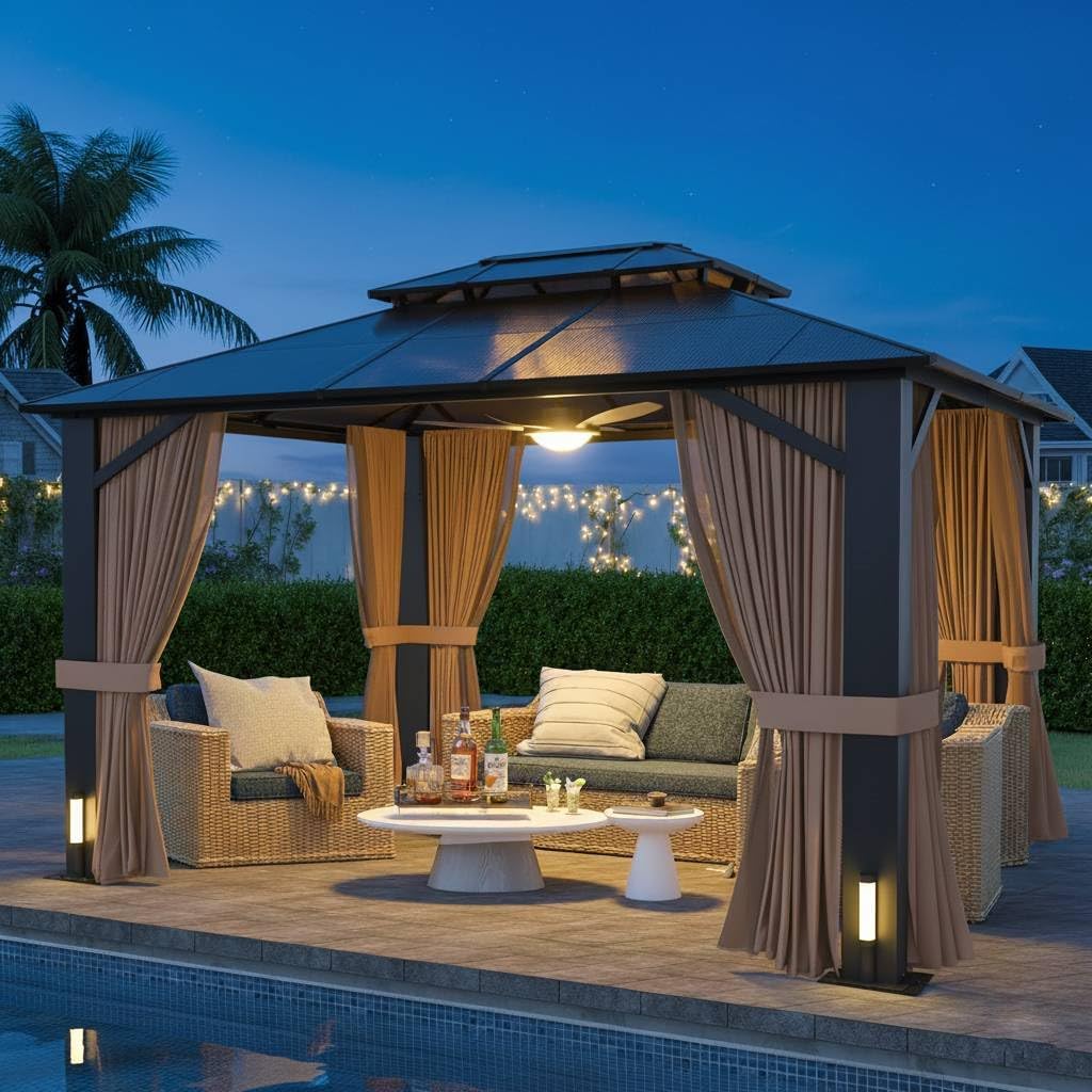 10x12 Hardtop Gazebo with Curtains & Netting, Double Roof Polycarbonate Canopy, Heavy-Duty Aluminum Frame Pergola for Patio, Garden, Deck – All-Weather UV & Rust Resistant
