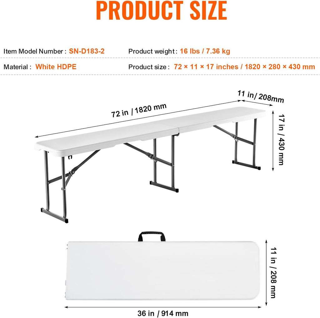 VEVOR Plastic Folding Bench, 6ft Portable Folding Bench, Smooth High Density Polyethylene Waterproof Outdoor Bench, Picnic Camping Table with Handle for Garden Soccer Playtime, White (1 Pack)
