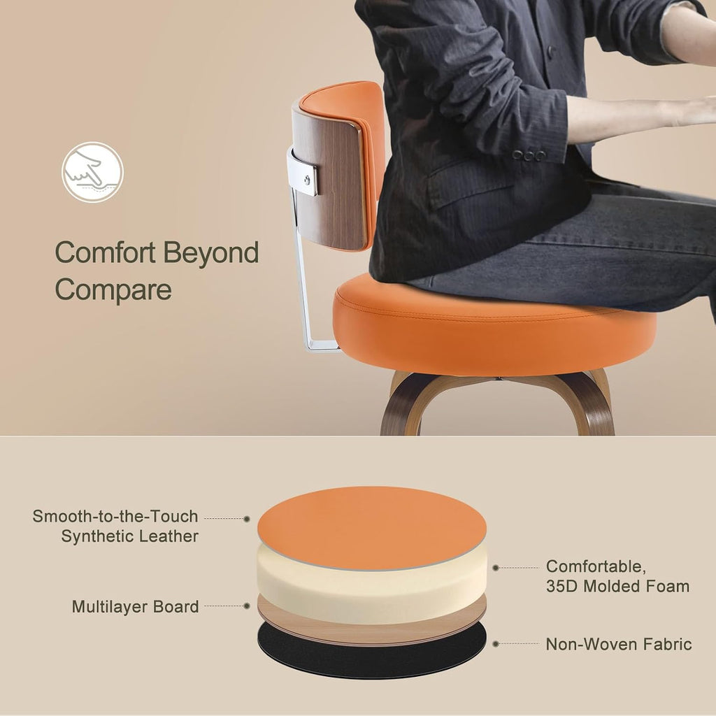 Bekrvio Swivel Counter Height Bar Stools Set of 2, Faux Leather Kitchen Stools Upholstered Barstools with Back, Walnut Wood Legs, Mid Century Island Chairs Counter Stools, 26" Seat Height, Orange