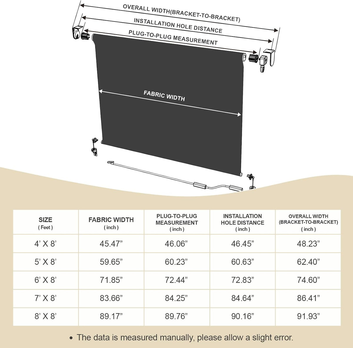 Aoodor 5% Openness Cordless Solar Fabric Roller Shade, 6'W x 8'H Sun Shade for Outdoor Gazebo Pergola Porch Use, 95% UV Protection Blinds, Dark Grey