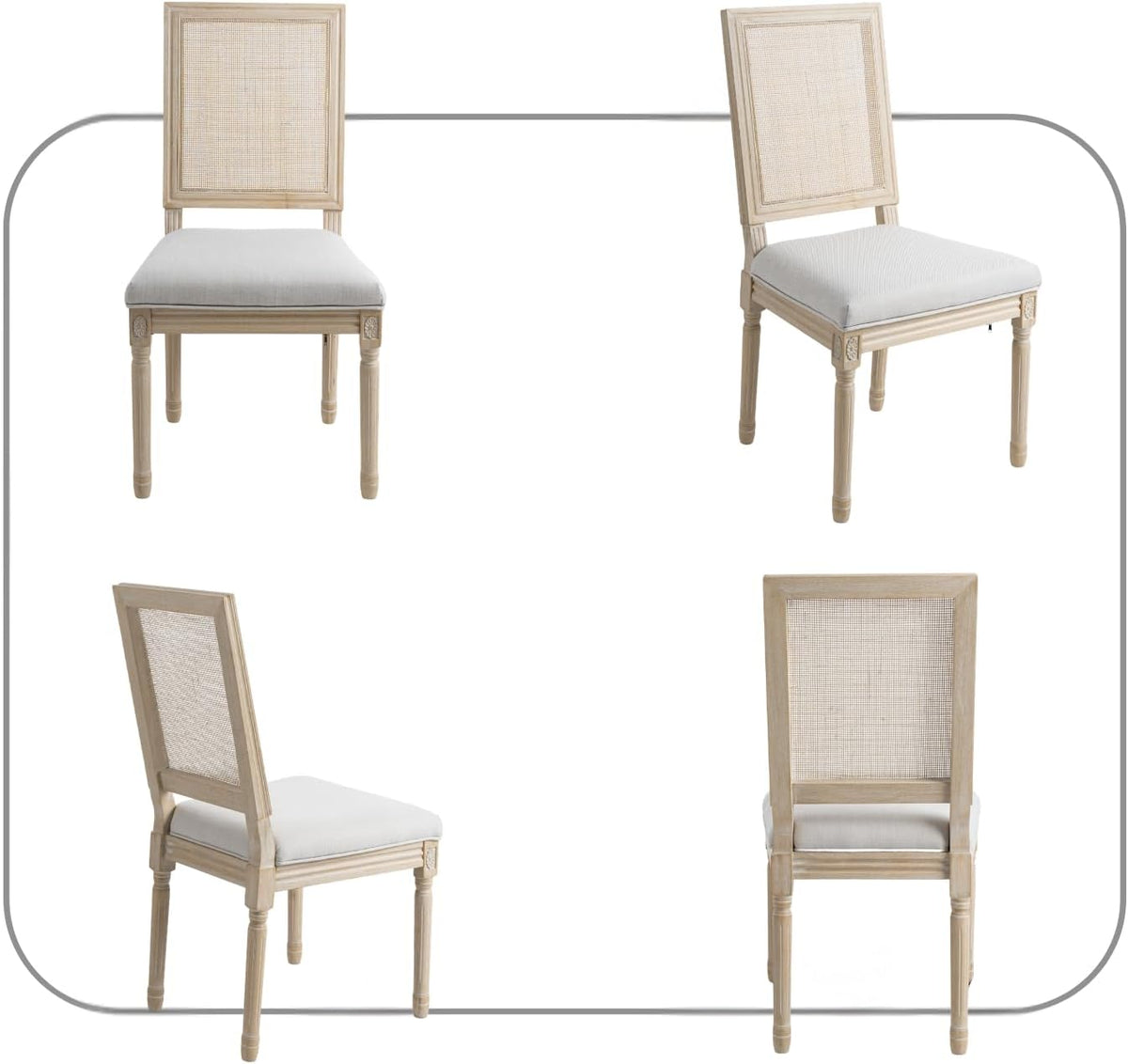 CIMOTA Farmhouse Dining Chairs Set of 8, French Rattan Dining Room Chairs with Distressed Wood Upholstered Vintage Side Chairs for Kitchen/Restaurant, Linen Beige/8PCS