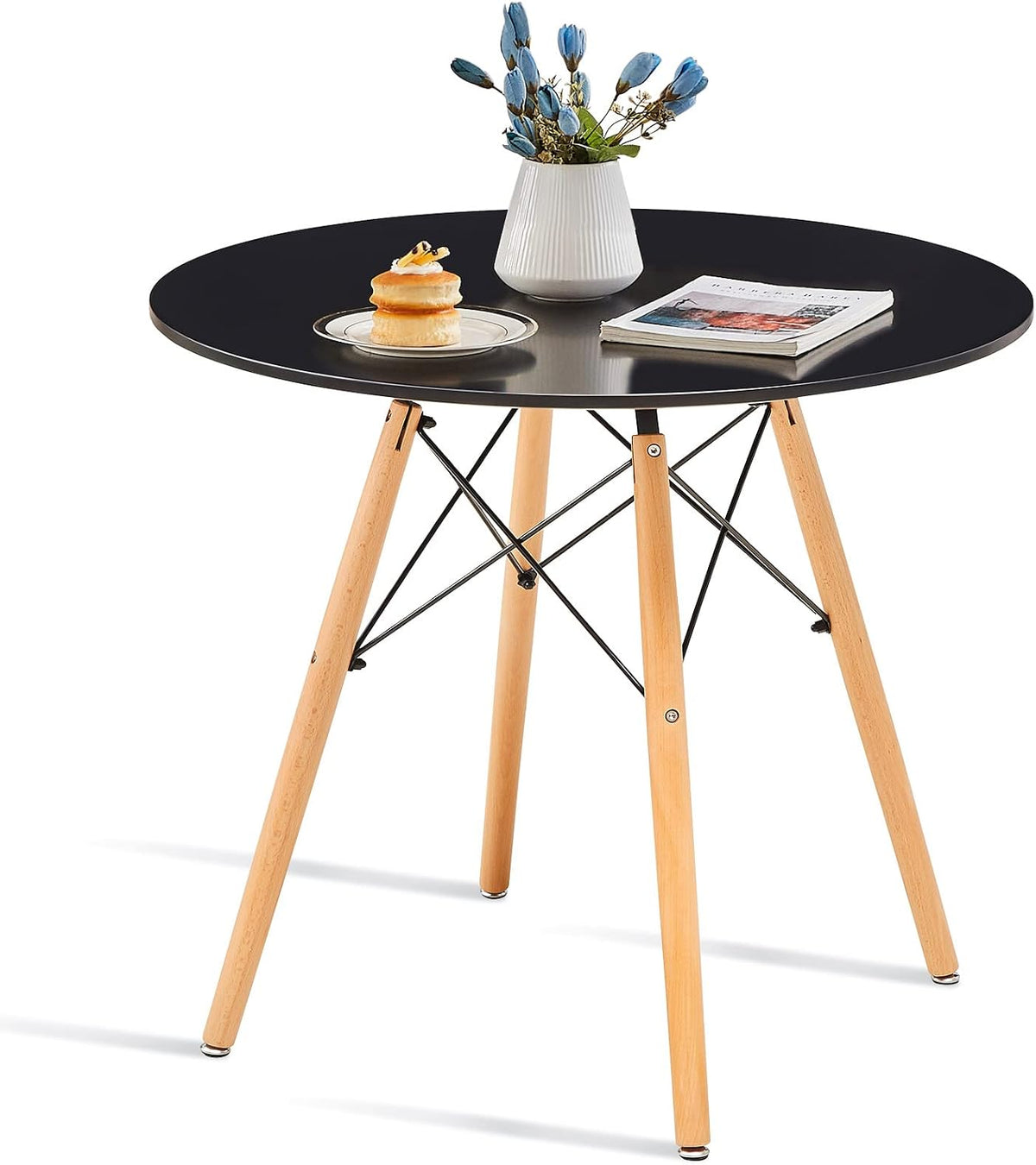 31.5" Small Round Dining Table Black for 2-4 with Wood Legs