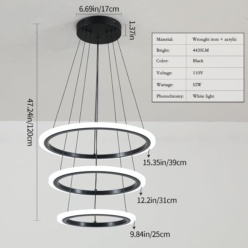 O'NEELDY Modern 3 Ring LED 52W Black Pendant Light with Irregular Ring Lights Adjustable Hanging Lamp for Dining Room Bedroom Kitchen Island Cafe