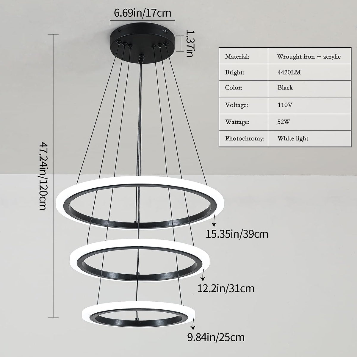 O'NEELDY Modern 3 Ring LED 52W Black Pendant Light with Irregular Ring Lights Adjustable Hanging Lamp for Dining Room Bedroom Kitchen Island Cafe