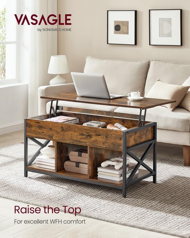 VASAGLE Lift Top Coffee Table with Storage Shelf, 3 Compartments
