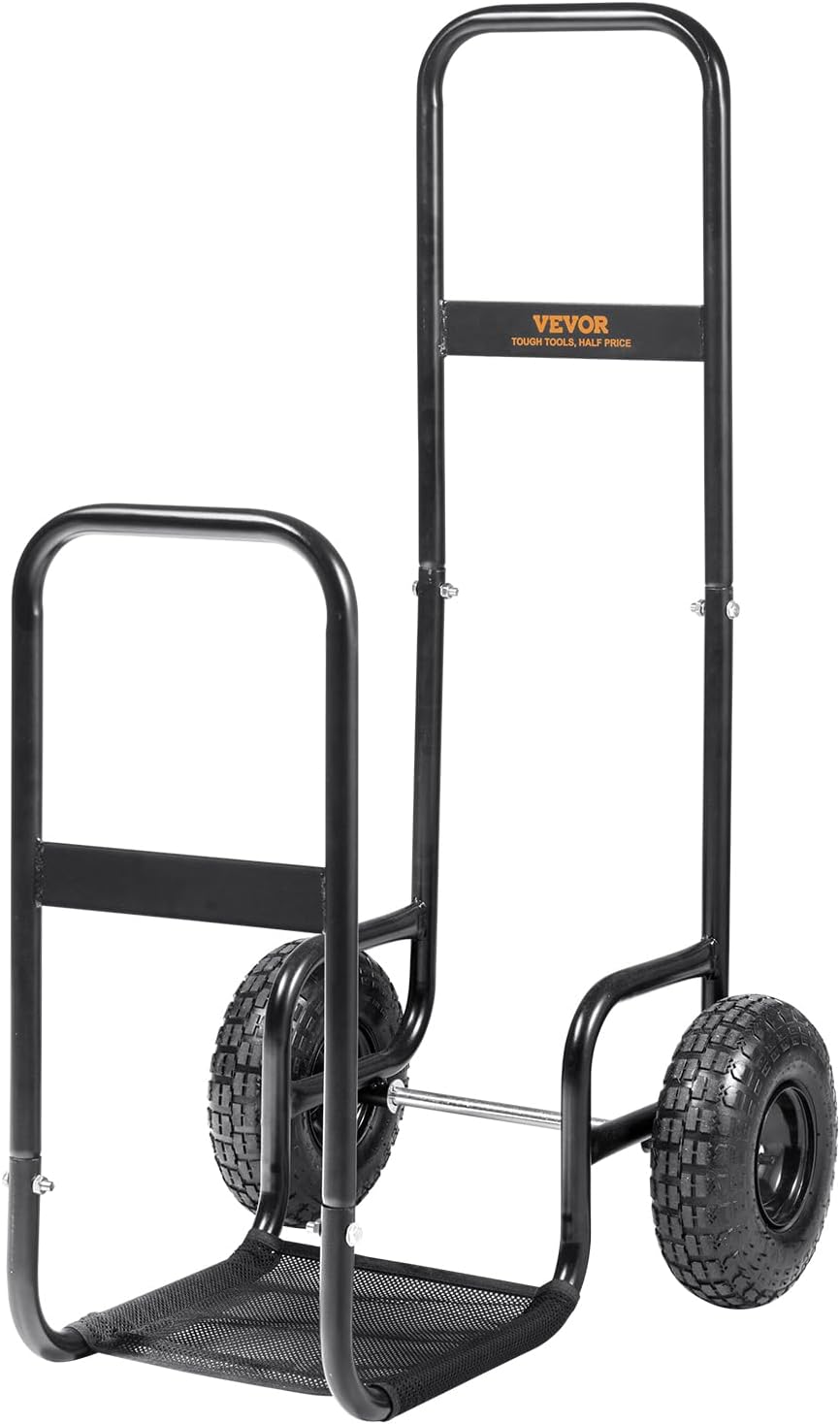 VEVOR Log Cart 250 lbs Load Capacity, Outdoor and Indoor Wood Rack Storage Mover with Pneumatic Rubber Wheels, Heavy Duty Steel Dolly Hauler, Firewood Carrier for Fireplace, Fire Pit, Black