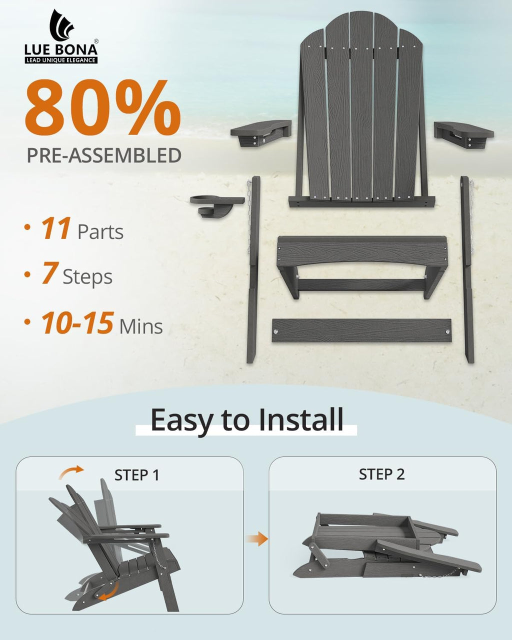 LUE BONA Folding Adirondack Chair, Cup Holder, Woodgrain, Fire Pit, Patio, Pool, Dark Grey