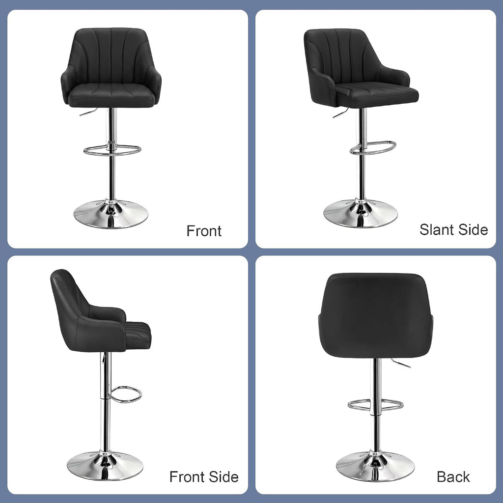 VECELO Bar Stools Set of 2, Adjustable Barstools, Counter Height Stools with Back and Arm, Kitchen Island Stools, Swivel PU Chairs for Pub, Dining Room, Modern Style, Black