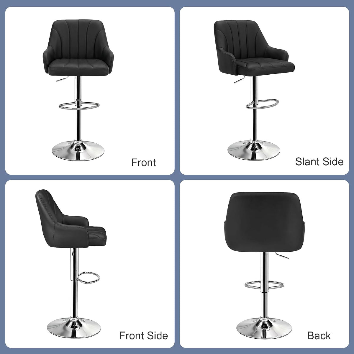 VECELO Bar Stools Set of 2, Adjustable Barstools, Counter Height Stools with Back and Arm, Kitchen Island Stools, Swivel PU Chairs for Pub, Dining Room, Modern Style, Black